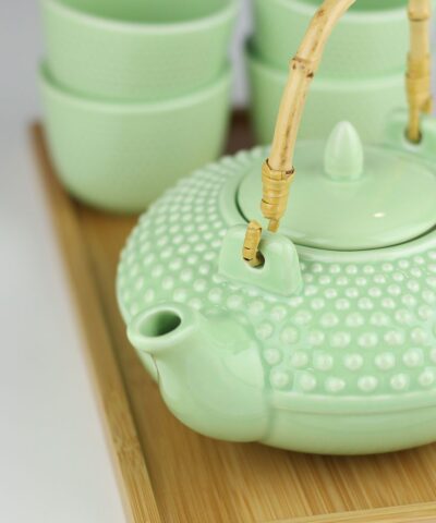 Zestaw do parzenia herbaty Tanaka zielony: czajnik, czarki, taca bambusowa
