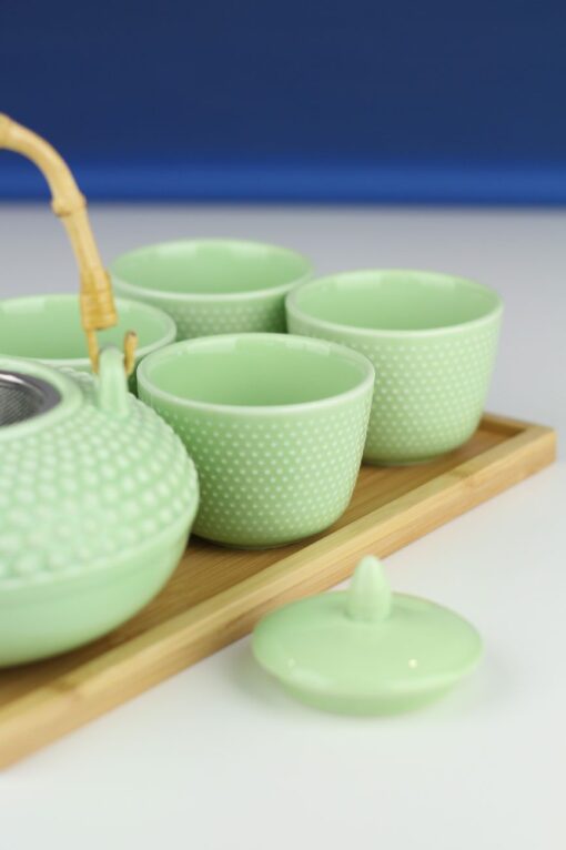 Zestaw do parzenia herbaty Tanaka zielony: czajnik, czarki, taca bambusowa